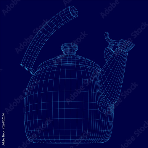 A blue 3D image of a teapot with a handle and a spout. The teapot is shown in a stylized way, with a wireframe design that gives it a futuristic appearance