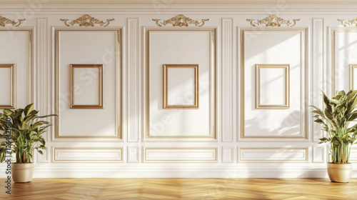 Fototapeta Naklejka Na Ścianę i Meble -  Room interior with white classic wall panel and wooden floor. Light background with luxury elegant molding frames. Realistic 3d vector illustration of home or office design with moulding and parquet