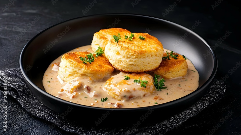Three Golden Biscuits With Savory Sausage Gravy On Black Plate Three Golden Biscuits With Savory Sausage Gravy On Black Plate