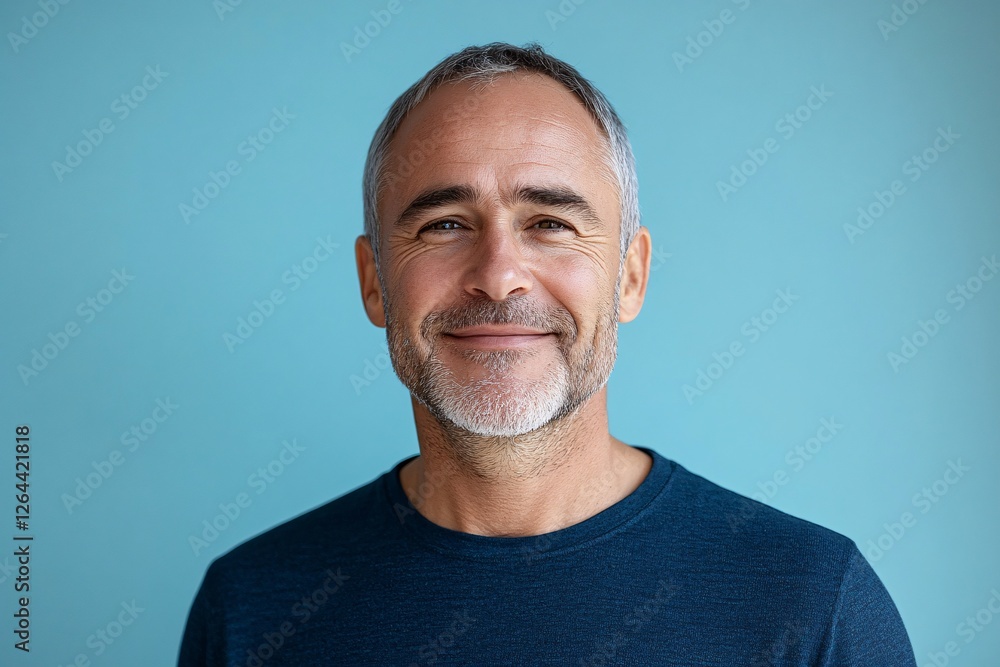 A happy middle aged man smiles against a blue background A happy middle aged man smiles against a blue background