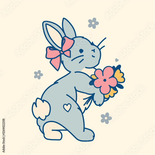 Adorable bunny holding a bouquet of flowers in a pastel tone. A cute print or sticker for spring themes, Easter, baby shower invitations, greeting cards. Isolated vector illustration