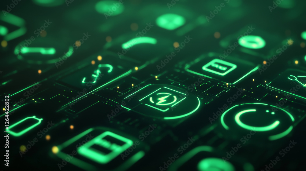 Neon green wireless charging icons set on dark background. Glowing symbols with lightning bolts and different circle pictograms. Mobile battery charger tech application indicators interface design. Neon green wireless charging icons set on dark background. Glowing symbols with lightning bolts and different circle pictograms. Mobile battery charger tech application indicators interface design.