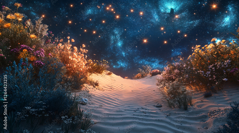 Serene Nighttime Landscape with Starry Sky. A tranquil desert scene illuminated by stars, featuring vibrant flora and smooth sand dunes. Serene Nighttime Landscape with Starry Sky. A tranquil desert scene illuminated by stars, featuring vibrant flora and smooth sand dunes.