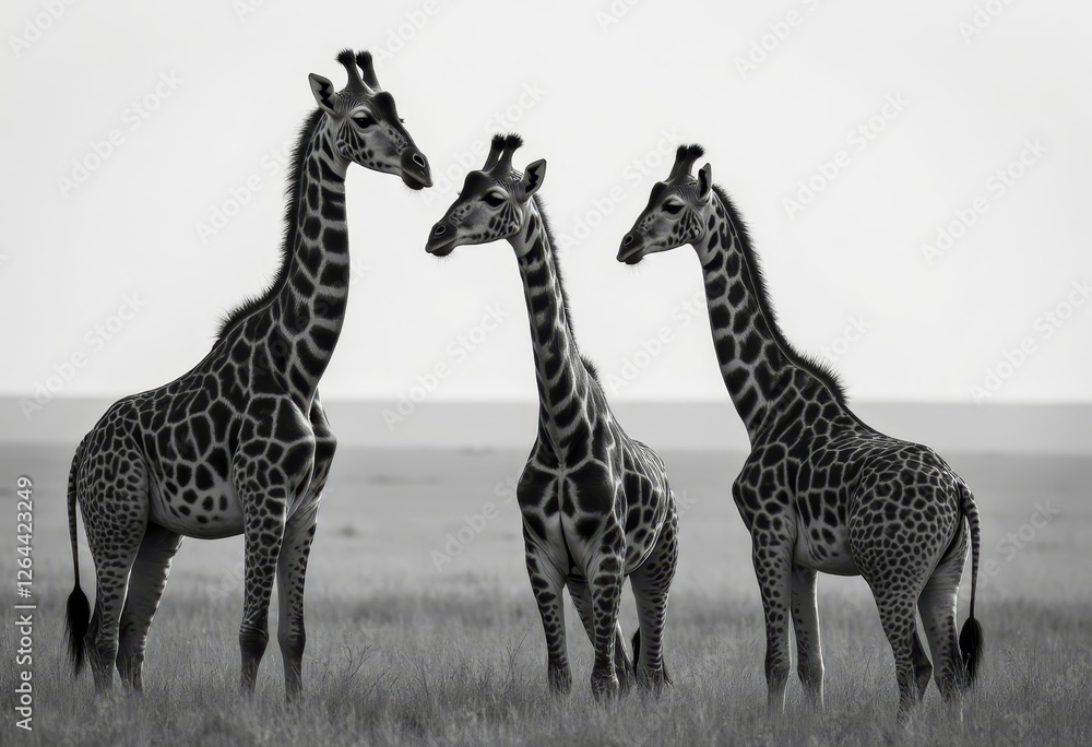 Obraz premium Giraffe Trio Standing Alert in Grayscale Savanna Field