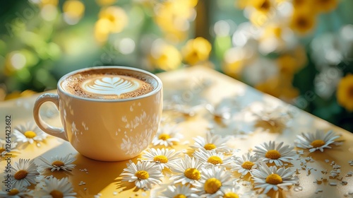 Cozy spring coffee scene with cappuccino and daisy petals on pastel yellow table