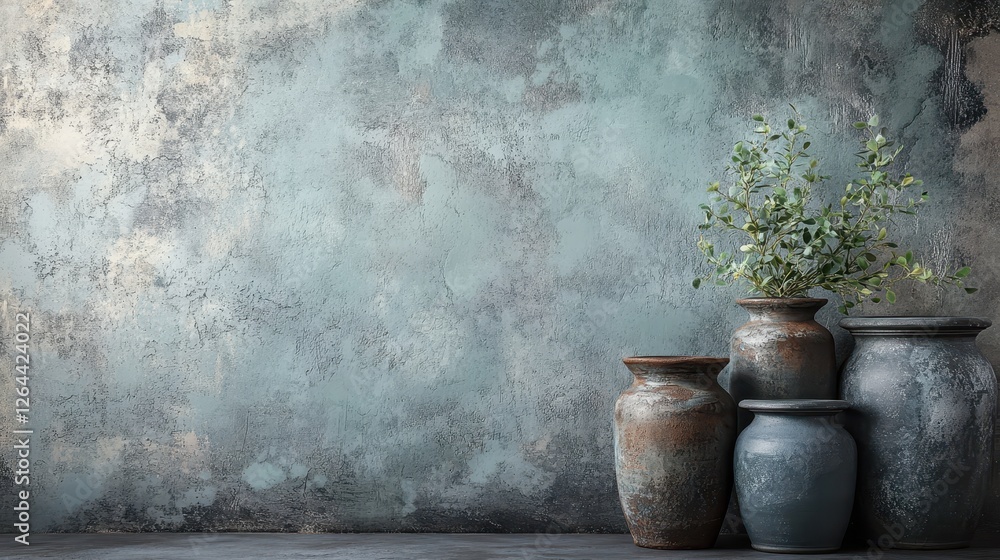 Elegant Rustic Pottery with Greenery Against Textured Background Elegant Rustic Pottery with Greenery Against Textured Background