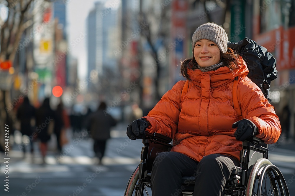Woman smiling in wheelchair city street background Woman smiling in wheelchair city street background