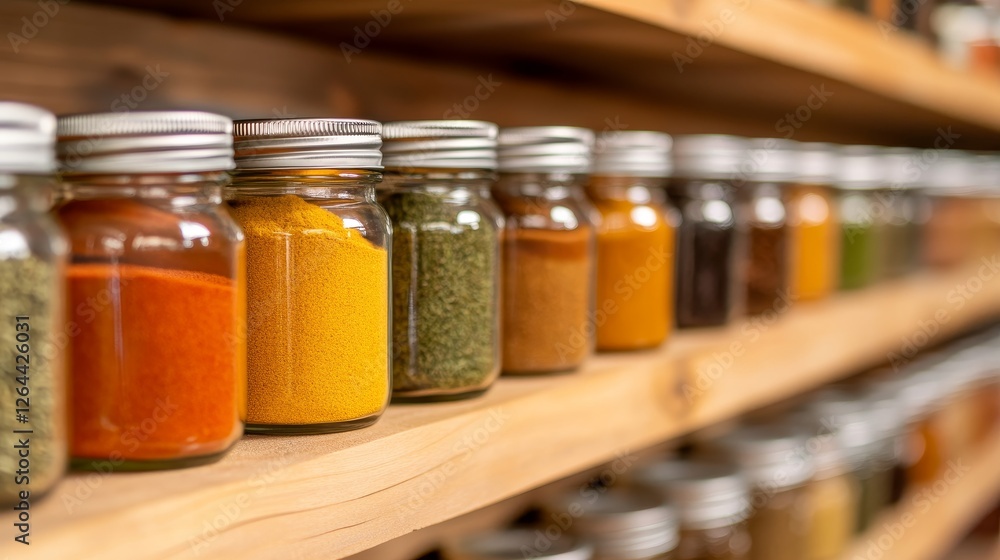 Colorful spice jar neatly arranged on wooden shelves, showcasing a variety of spices for cooking Colorful spice jar neatly arranged on wooden shelves, showcasing a variety of spices for cooking