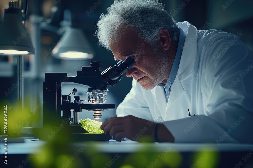 A scientist meticulously examines plant samples under a microscope in a dimly lit laboratory, conducting crucial research. A scientist meticulously examines plant samples under a microscope in a dimly lit laboratory, conducting crucial research.