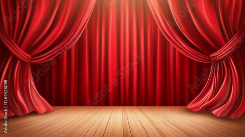 Red stage curtain and wooden floor realistic vector. Theater, opera scene drape backdrop, concert grand opening or cinema premiere backstage, portiere for ceremony performance template 3d illustration photo