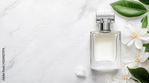 Wallpaper Mural Elegant perfume bottle surrounded by white flower and green leaves on a marble background Torontodigital.ca