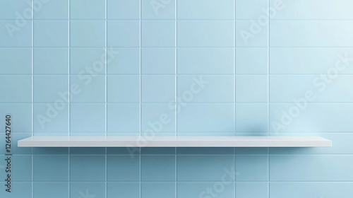 Fototapeta Naklejka Na Ścianę i Meble -  White shelf on pastel blue wall with square tile pattern. Bathroom or kitchen interior product podium. Realistic 3d vector illustration restroom or cuisine scene with empty goods display podium mockup