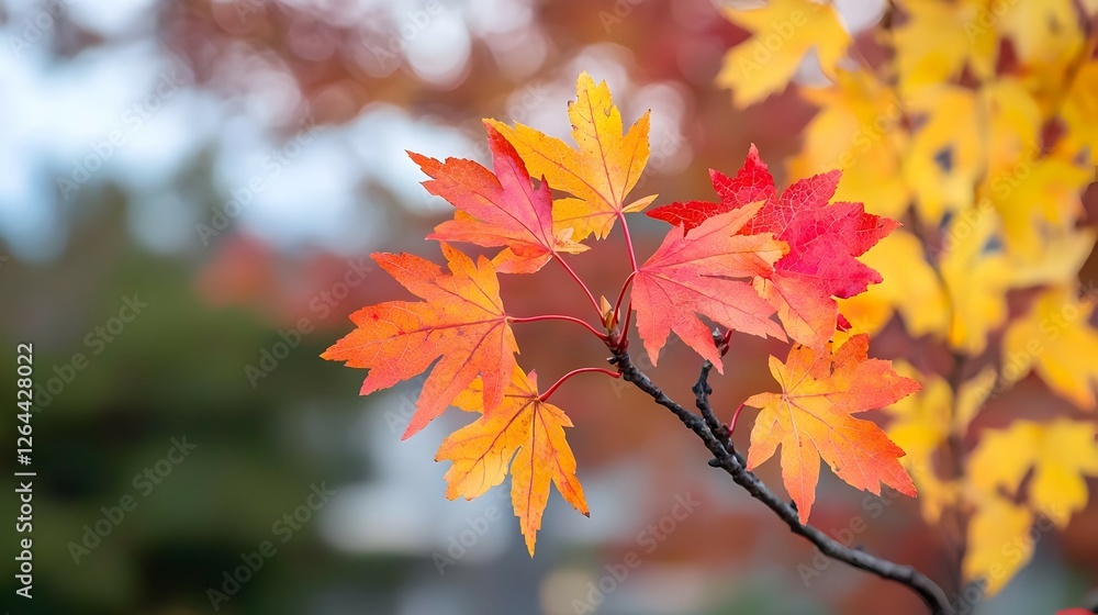 Vibrant Orange And Red Maple Leaves On Branch In Autumn Vibrant Orange And Red Maple Leaves On Branch In Autumn