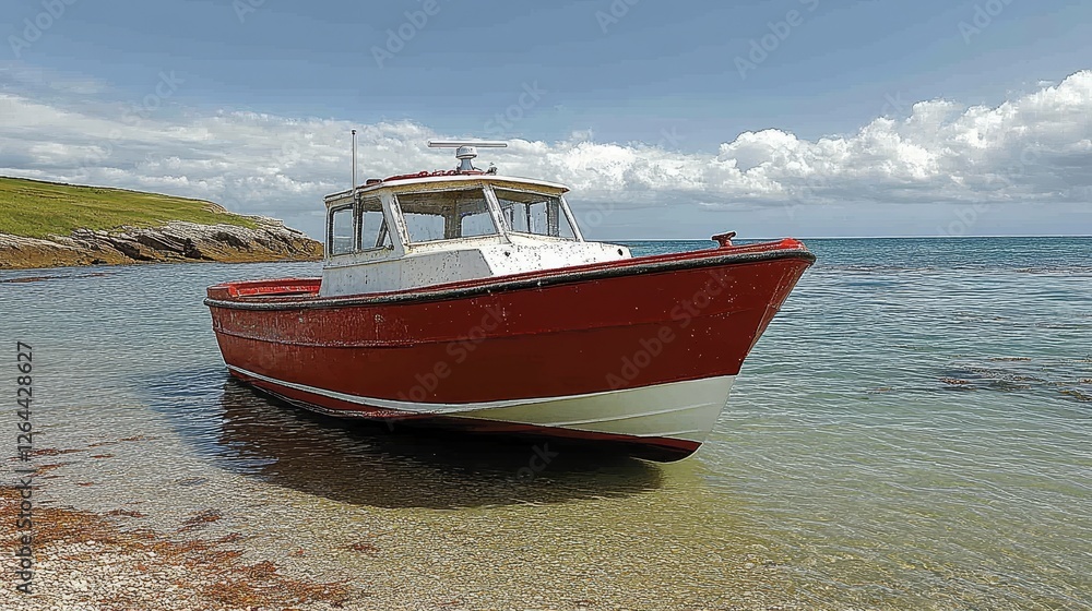 Red Fishing Boat Docked at Seashore Idyllic Coastal Scene Summer Vacation Red Fishing Boat Docked at Seashore Idyllic Coastal Scene Summer Vacation