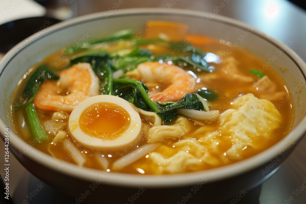 Prawn noodles soup with egg generative AI