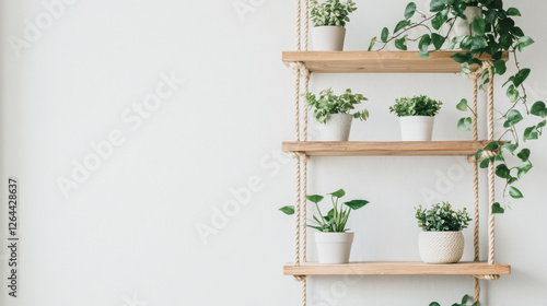 Fototapeta Naklejka Na Ścianę i Meble -  Wooden shelves hanging on ropes with plants in ceramics pots. Front racks on white wall background. Interior design element for room decoration, home ledges furniture, Realistic 3d vector illustration