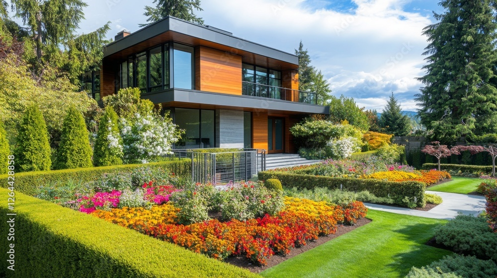 Obraz premium A modern home surrounded by colorful flower beds, trimmed hedges, and a sleek metal fence, providing a serene outdoor space
