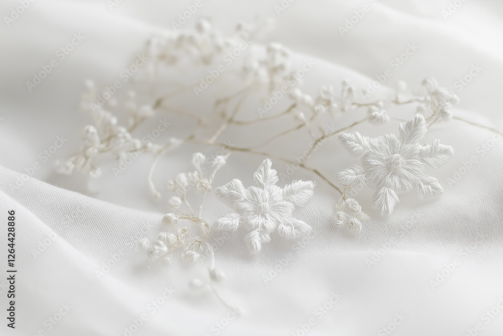 Elegant White Floral Embroidery Delicate Snowflake Design on Soft Fabric Background Winter art lace Elegant White Floral Embroidery Delicate Snowflake Design on Soft Fabric Background Winter art lace