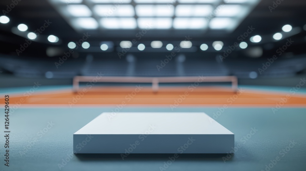 A blank product display podium with a blurred tennis court background in hall. A blank product display podium with a blurred tennis court background in hall.