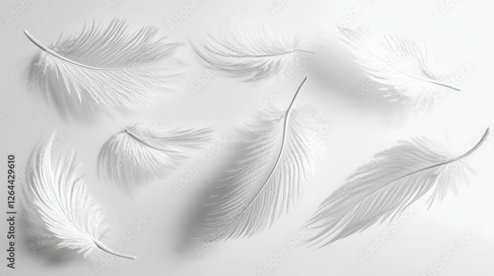 Obraz premium White fluffy feather with shadow vector realistic set isolated on transparent background. Feathers from wings of birds or angel, symbol of softness and purity, design element