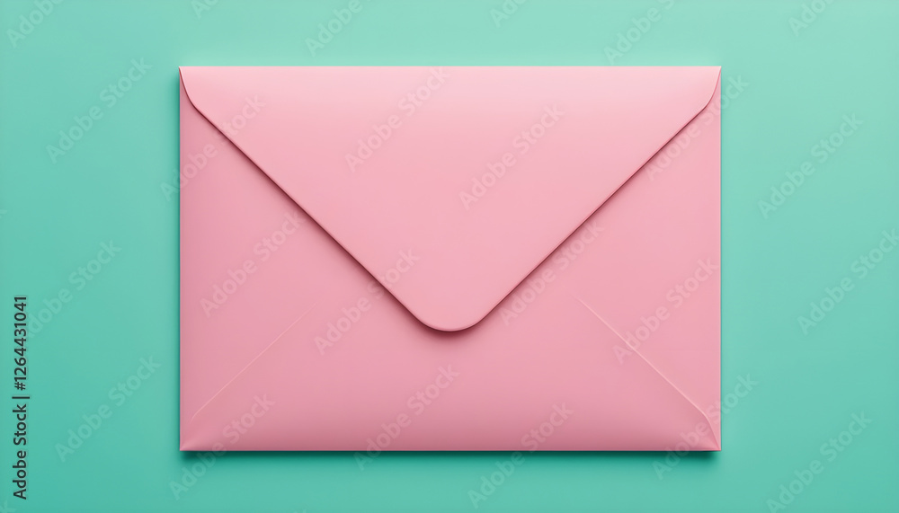 Flat Lay of a Pastel Pink Envelope on a Teal Background Flat Lay of a Pastel Pink Envelope on a Teal Background