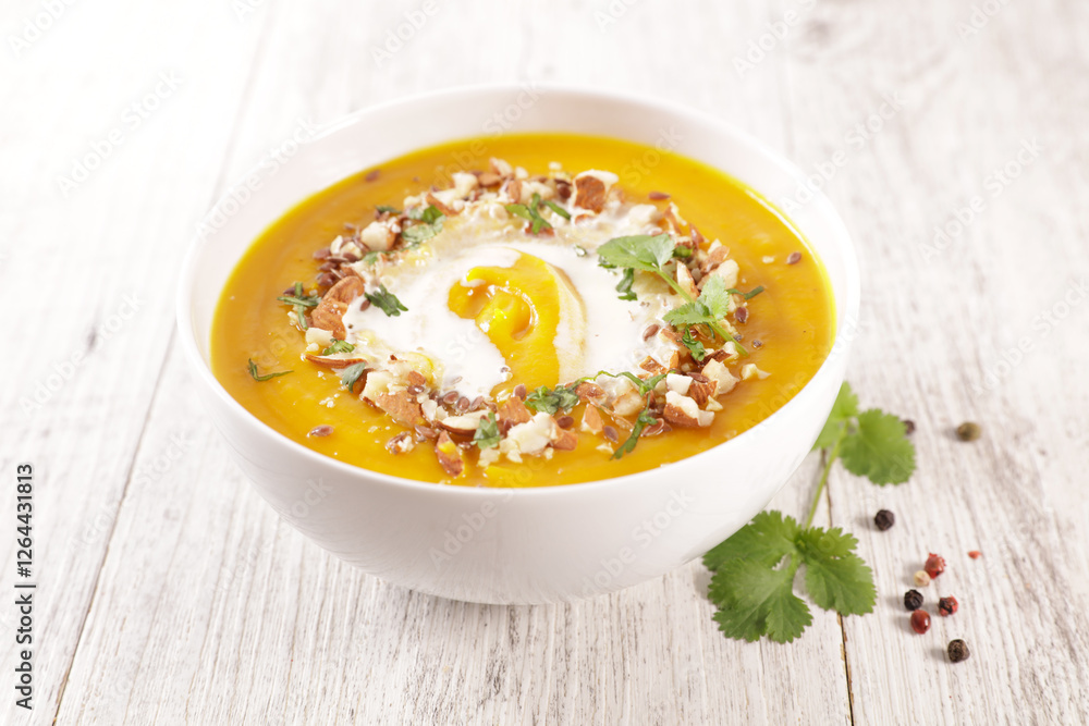 Bowl of Vegetable Soup with Cream and Seeds Bowl of Vegetable Soup with Cream and Seeds