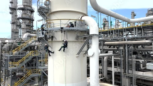 Aerial high angle shot of technicians repairing a plant in an oil or chemical refinery. Industrial rope access workers descending to grind and repair a turbine. Working at height. Rappelling, Abseilin
