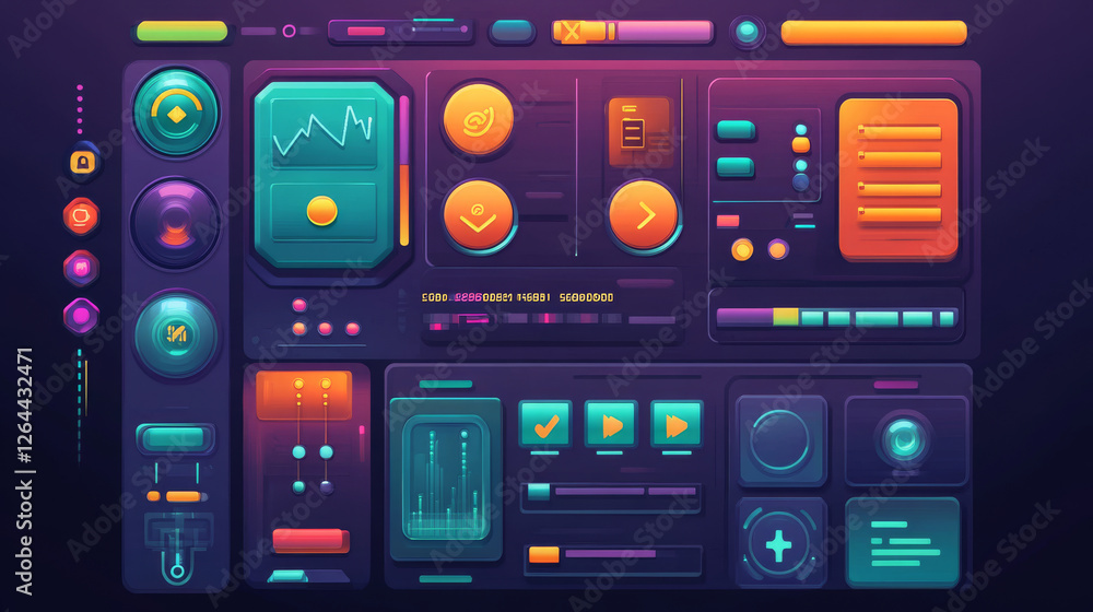 Game design interface with glossy buttons and panels. Vector cartoon set of ui elements different colors, circle buttons with icons, bars, sliders, arrows and login frame Game design interface with glossy buttons and panels. Vector cartoon set of ui elements different colors, circle buttons with icons, bars, sliders, arrows and login frame