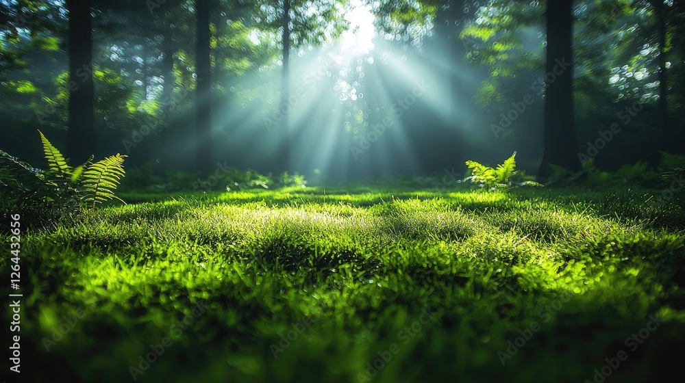 Obraz premium Sunlight filtering through trees in a serene forest, illuminating lush green grass and ferns