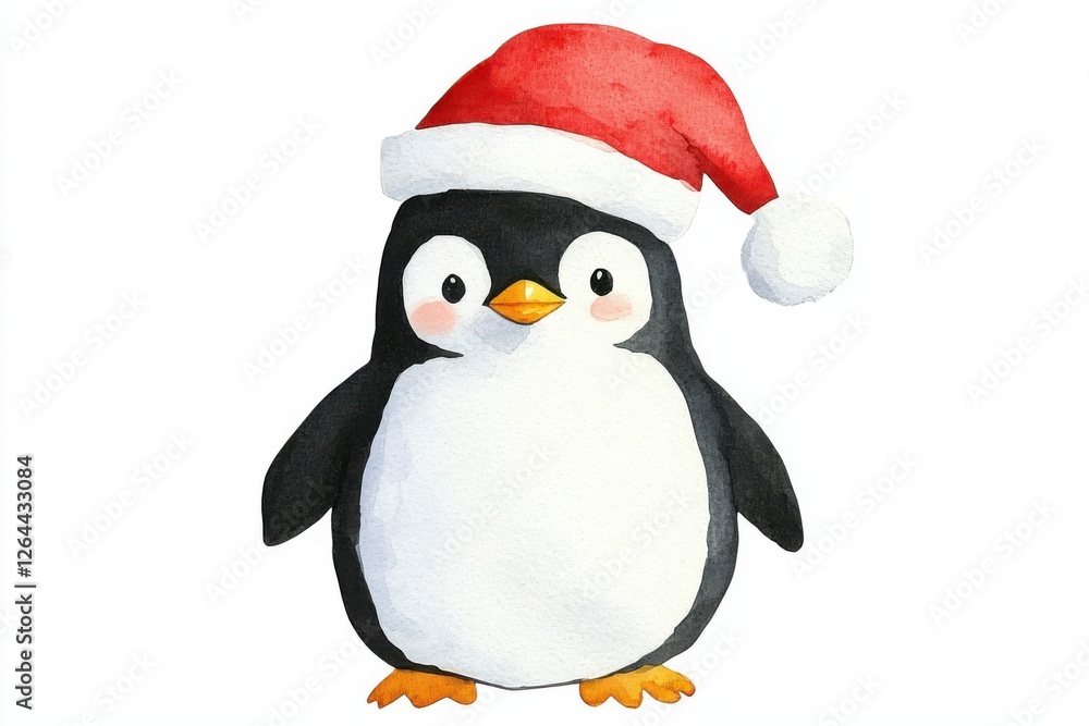 Fototapeta premium Festive watercolor penguin illustration holiday spirit cute animals artistic style whimsical vibe playful design, isolated on white background