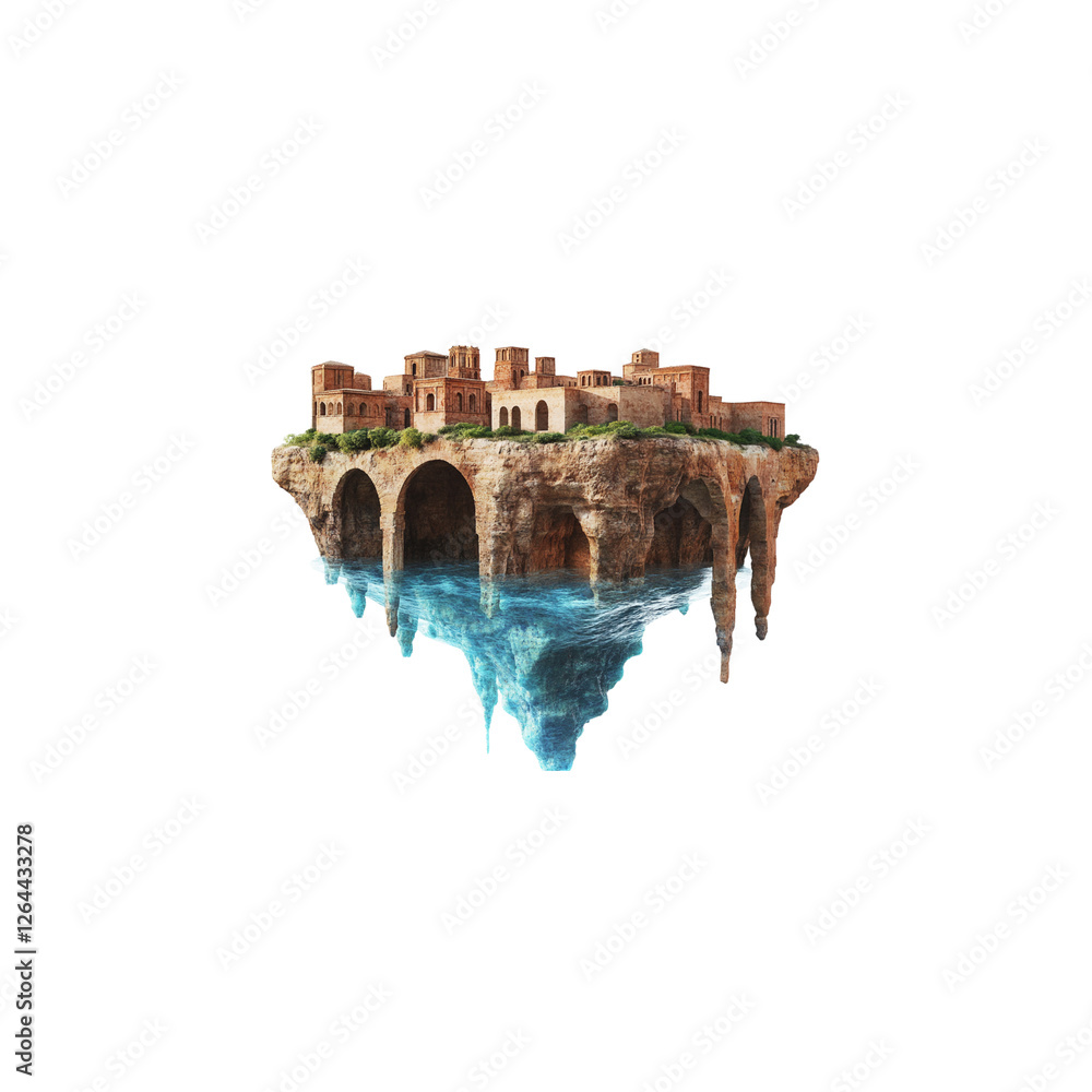 Obraz premium An underwater world with a medieval Arabian city atop a rock. Half of it is submerged and floating in the air. on a white background