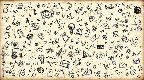 Abstract Doodle Sketch Random Symbols and Shapes on Aged Paper Background Visual Brainstorming Concept