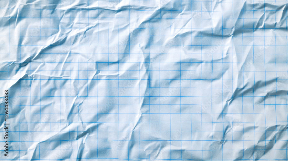 Obraz premium Crumpled blue checkered paper texture realisric vector illustration. White blank notebook sheet with grid, wrinkle and crease effect, note page mock up, educational template