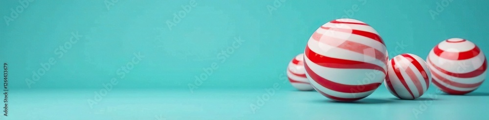 Teal blue background with white and red stripes on glass ball, striped glass balls, handmade-like Teal blue background with white and red stripes on glass ball, striped glass balls, handmade-like