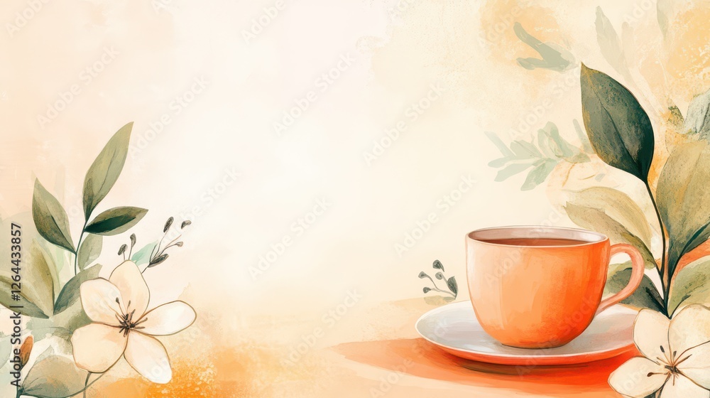 Celebrating international tea day with floral design for inviting cards or posters. Watercolor illustration. Horizontal banner. Copy space Celebrating international tea day with floral design for inviting cards or posters. Watercolor illustration. Horizontal banner. Copy space