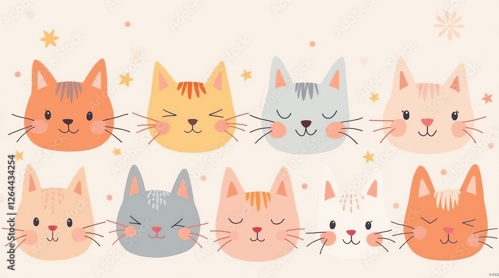 Colorful Cartoon Cat Faces With Whimsical Expressions and Decorative Stars Colorful Cartoon Cat Faces With Whimsical Expressions and Decorative Stars