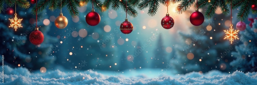 Winter scene with Christmas icons hanging from the ceiling, New Year decorations in the background, snowflakes falling , decoration, ornaments, new year Winter scene with Christmas icons hanging from the ceiling, New Year decorations in the background, snowflakes falling , decoration, ornaments, new year