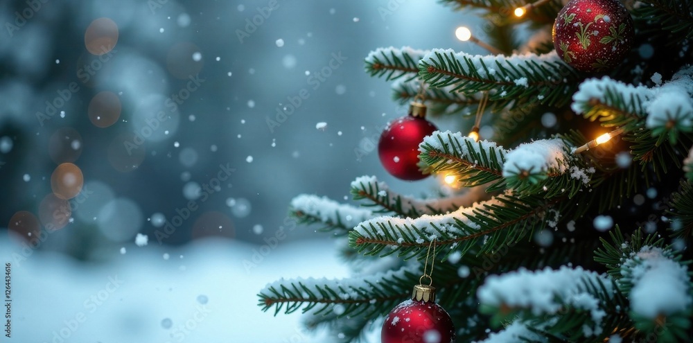Winter snowflakes falling gently around a festive evergreen tree , outdoors, frosty, snowflakes Winter snowflakes falling gently around a festive evergreen tree , outdoors, frosty, snowflakes