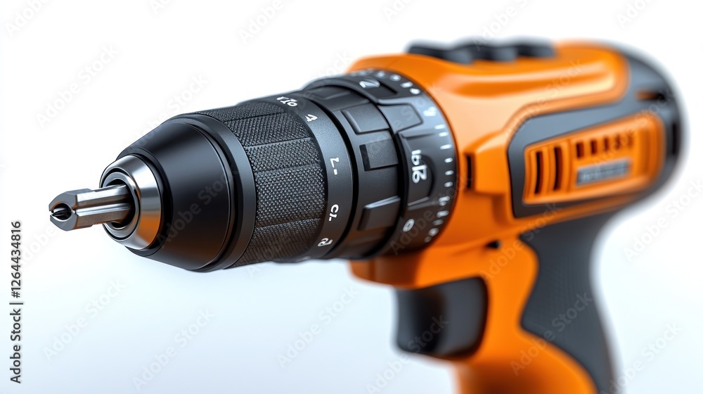 Close-up of a Modern Cordless Drill, Orange and Black Power Tool, Precision Engineering, Construction Equipment Close-up of a Modern Cordless Drill, Orange and Black Power Tool, Precision Engineering, Construction Equipment