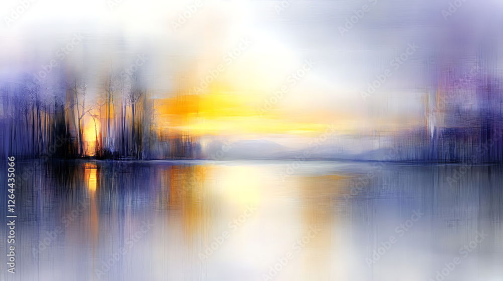 Abstract Lake and Forest at Sunset with Reflections Creating a Peaceful and Serene Mood Painting Abstract Lake and Forest at Sunset with Reflections Creating a Peaceful and Serene Mood Painting