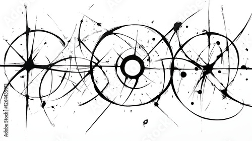 Abstract Ink Splatter Radial Design With Geometric Orbs and Expressive Brushstrokes on Plain White Paper photo