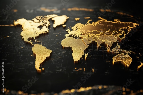 3D style of a world golden map on black background. world gold price market concept.

