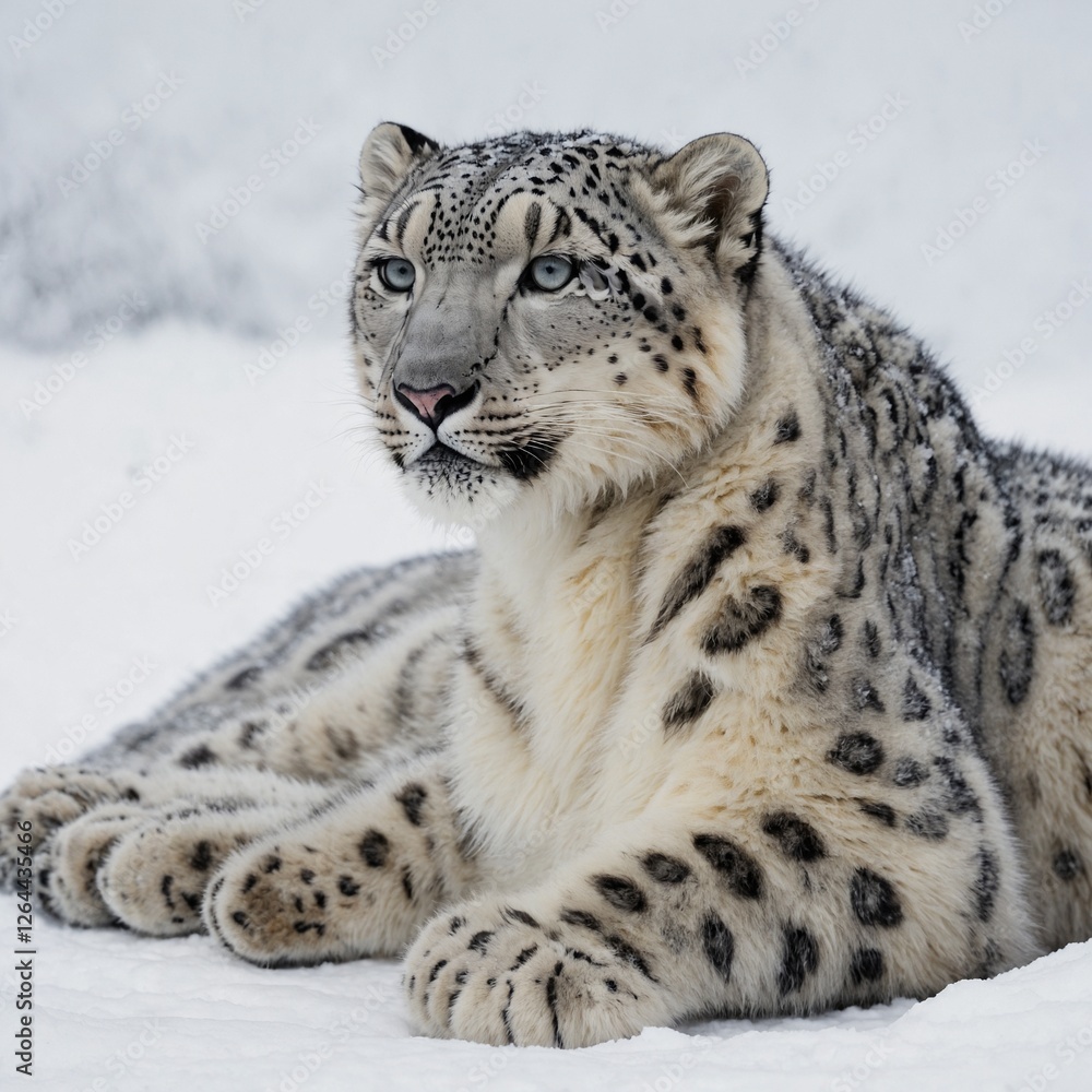 A snow leopard resting gracefully, its fur blending into the pure white background. A snow leopard resting gracefully, its fur blending into the pure white background.