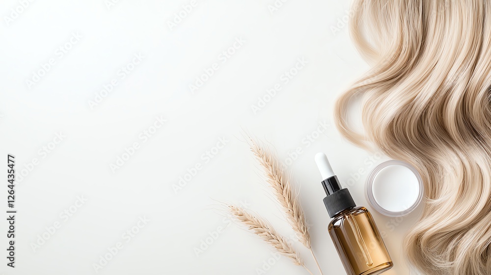 Naklejka premium Elegant hair care composition with serum and blonde curls on a white background. Beauty and wellness concept.