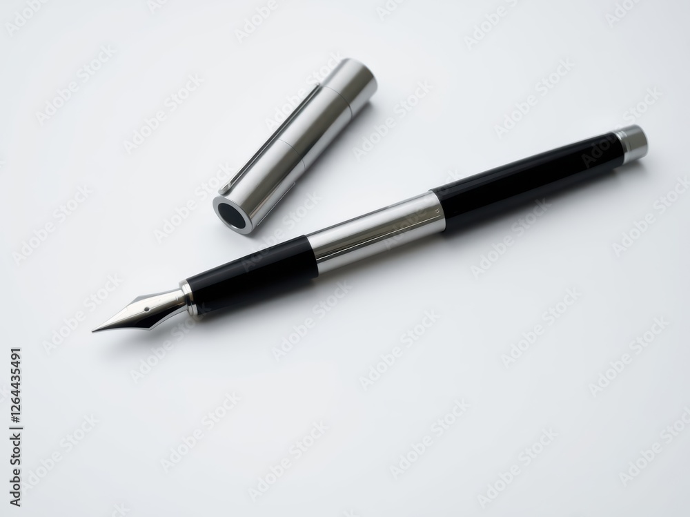 Black and silver fountain pen on white background Black and silver fountain pen on white background