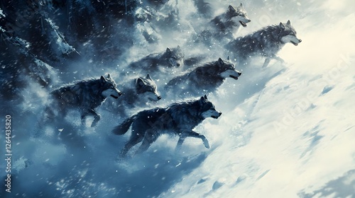 Fototapeta Naklejka Na Ścianę i Meble -  A pack of wolves running through a snowy landscape in a dense forest during a snowstorm
