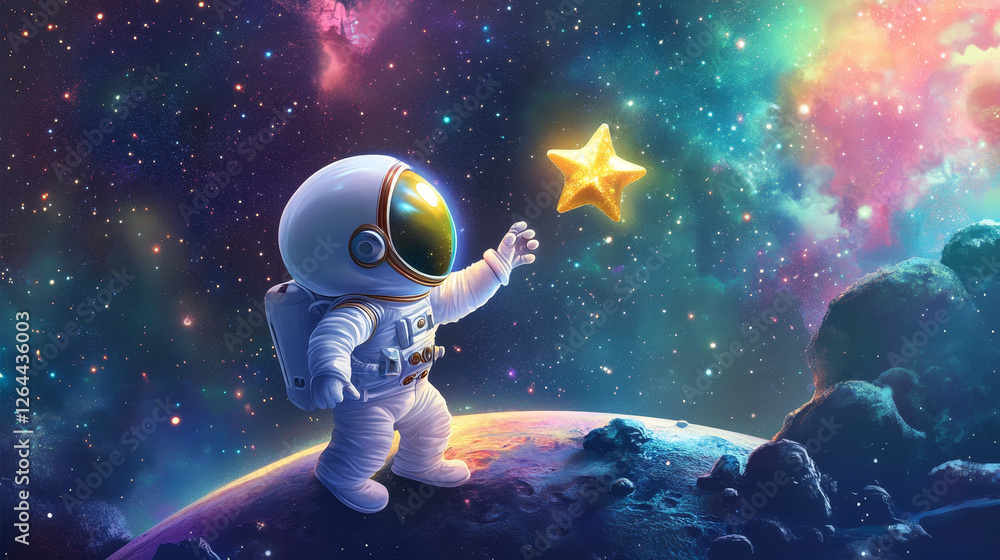 Astronaut in space on alien planet landscape, mobile arcade landing page. Cosmos background with cute cosmonaut in white spacesuit and helmet holding golden star, vector cartoon illustration Astronaut in space on alien planet landscape, mobile arcade landing page. Cosmos background with cute cosmonaut in white spacesuit and helmet holding golden star, vector cartoon illustration