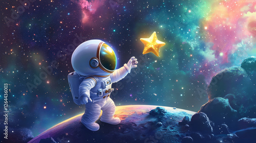 Wallpaper Mural Astronaut in space on alien planet landscape, mobile arcade landing page. Cosmos background with cute cosmonaut in white spacesuit and helmet holding golden star, vector cartoon illustration Torontodigital.ca