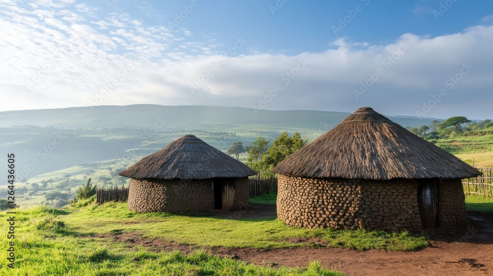 Traditional African Village with Round Thatched Roof Huts in Nature Traditional African Village with Round Thatched Roof Huts in Nature