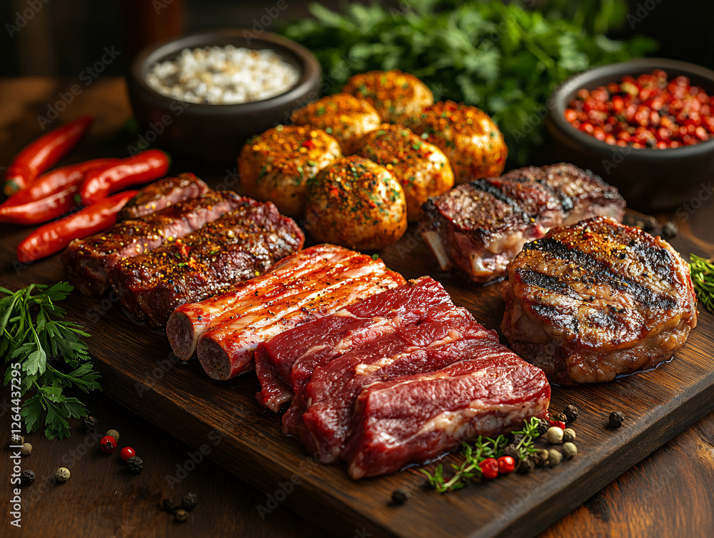 a variety of raw meat slices, including steaks and chops, arranged on a black plate with herbs, spices, garlic, and tomatoes as garnishes. a variety of raw meat slices, including steaks and chops, arranged on a black plate with herbs, spices, garlic, and tomatoes as garnishes.